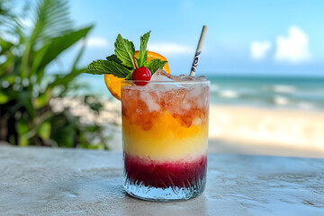 Refreshing Summer Cocktail in a Glass with Blue and Red Layers, Garnished with Mint, Orange Slice, and Cherry, Set on a Table Overlooking a Beautiful Beach View 