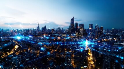 Obraz premium Dynamic urban cityscape modern technology digital data flow nighttime skyline aerial perspective futuristic vision