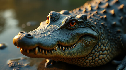 Fototapeta premium Macro Shot of a Crocodile Head: Wild Beauty in a River