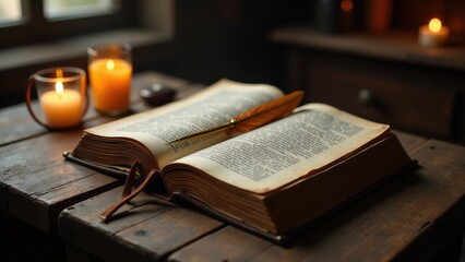 A worn leather-bound book rests open on a rustic wooden table, illuminated by the soft glow of candlelight, a quill pen delicately placed upon its aged pages.