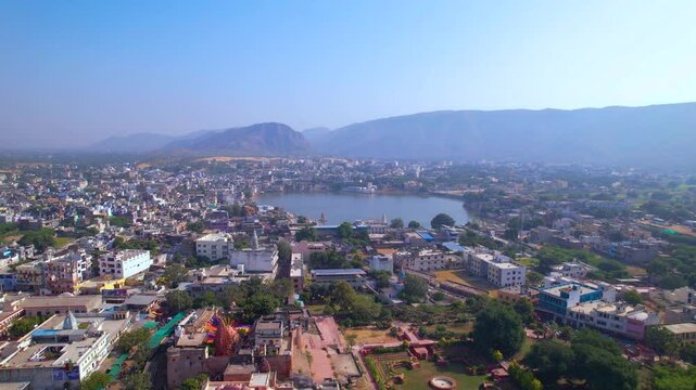 Aerial view of Pushkar Town and Lake, located in Pushkar, Rajasthan, India