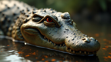 Fototapeta premium Macro Shot of a Crocodile Head: Wild Beauty in a River