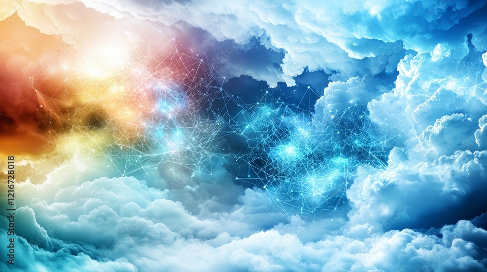 Poster Digital cloudscape interconnectivity virtual realm digital art serene environment aerial view abstract concept