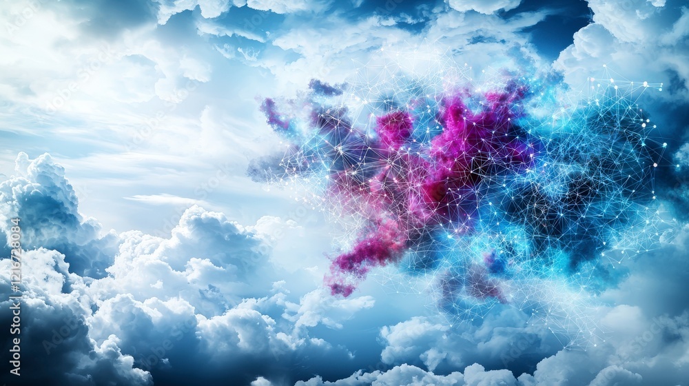 Poster abstract art in a serene cloudscape connectivity and vibrant connections in ethereal digital space -