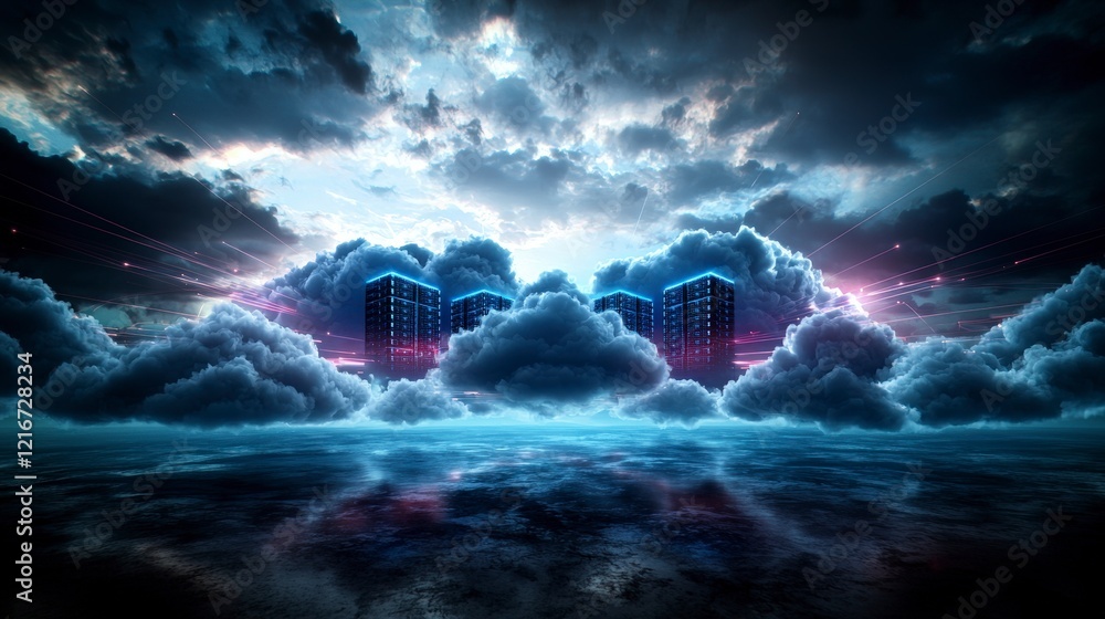 Poster serene digital landscape futuristic cloud servers in a tranquil technology environment - high-resolu