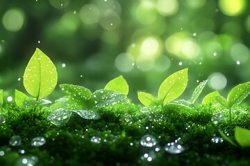 Lush green moss with vibrant seedlings and rain.