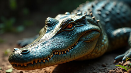 Fototapeta premium Close-Up Micro Photography: Crocodile Head in a Mystical River