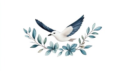 A graceful bird in flight surrounded by delicate blue leaves and flowers, symbolizing freedom and nature's beauty