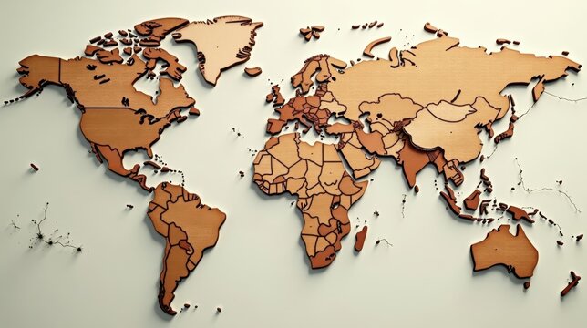 A detailed three-dimensional relief world map crafted from wood, showcasing the continents and their constituent countries in a rich, warm tone.