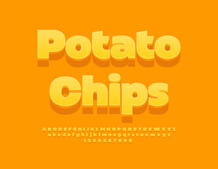 Vector Tasty template Potato Ships. 3D Bold Yellow Font. Modern set of Alphabet Letters and Numbers.