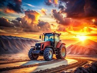 Fototapeta premium 4K Tractor in Sand Quarry at Sunset, Bokeh Effect, Heavy Machinery, Construction, Industrial