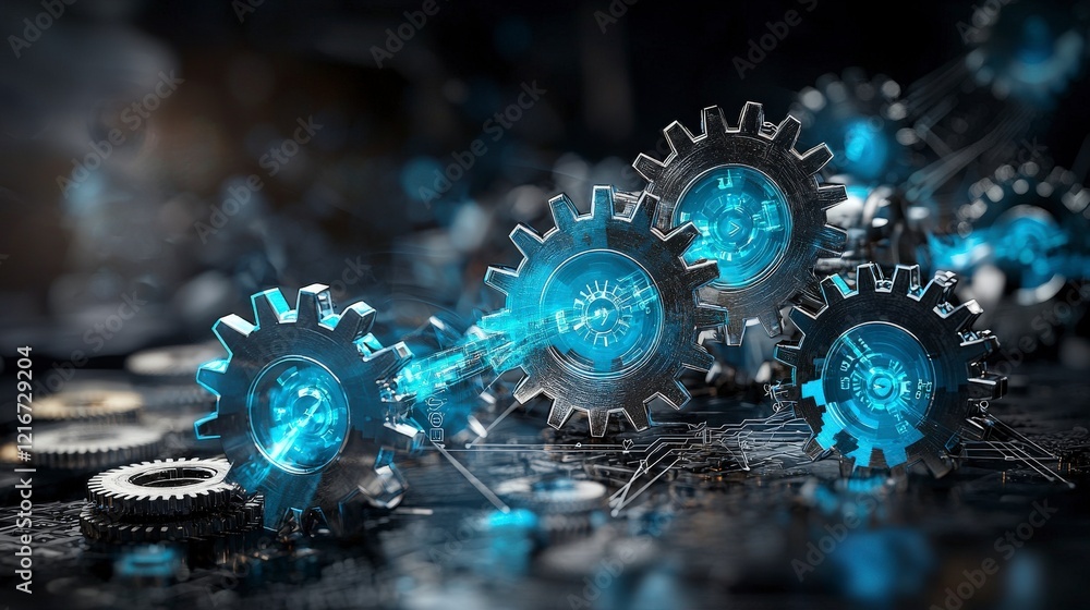 Poster Automated system optimizing workflows with gears and technology digital environment futuristic concept close-up view