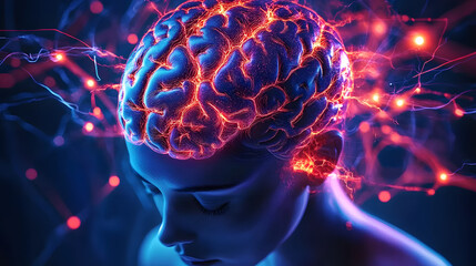 Person epilepsy glowing depiction of the brain showing abnormal electrical activity leading to seizures