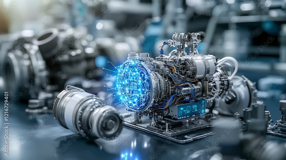 Poster High-tech engine innovation futuristic workshop 3d rendering industrial environment close-up perspective ai concept