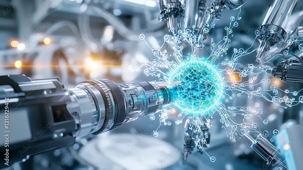 Leinwandbilder Emerging ai technology visualized as glowing neural networks in industrial setting futuristic perspective digital art