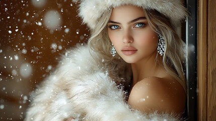 Portrait of a fashionable woman in an off-white mink fur hat and coat with silver diamond rhinestone earrings, leaning against an elevator in a luxury hotel, snow falling in the background, 