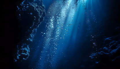 Fototapeta premium Stunning Cosmic Underwater Scene with Light Beams Shining Through Deep Blue Ocean Depths, Surrounded by Sparkling Particles and Mysterious Rock Formations – Perfect for Abstract Nature-Themed Projects