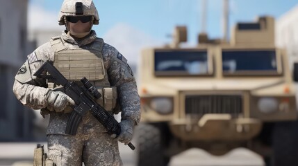Obraz premium Soldier standing guard with rifle near military vehicle