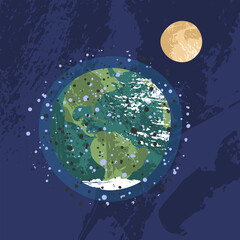 Space debris in Earth orbit. Space junk, garbage ring, cosmos pollution, trash. Planet Earth with Moon. Celestial body. Solar system. Astronomy, astrophysics, geology. Vector flat cartoon illustration