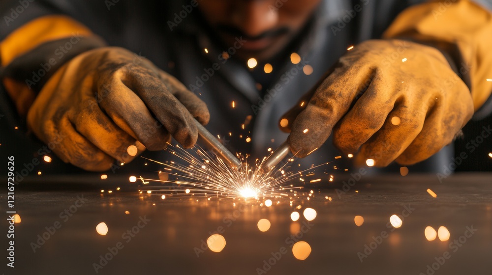 Poster dynamic welding workshop male apprentice using torch in safety gear - industrial skill development a