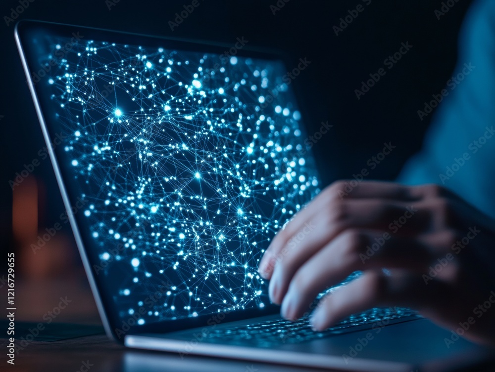Poster Futuristic Network Visualization Dynamic Mesh Design with Blue Neon Lines on Laptop Screen - Cutting-Edge Digital Strategies and Cyber Connectivity for Tech Innovations