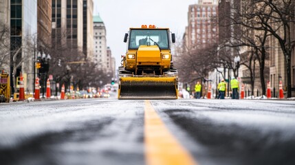 Obraz premium Contemporary Urban Renewal Efficient Road Resurfacing Machinery and Crew in Action - Infrastructure Innovation for City Development and Traffic Safety Enhancement