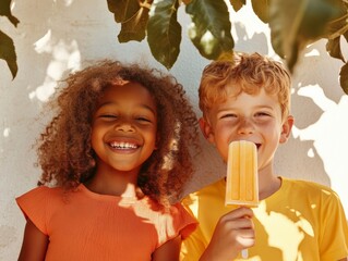 Vibrant Summer Play Joyful Kids with Popsicles under Leafy Canopy - Colorful Outdoor Childhood Imagery for Family-Centric Marketing and Social Campaigns