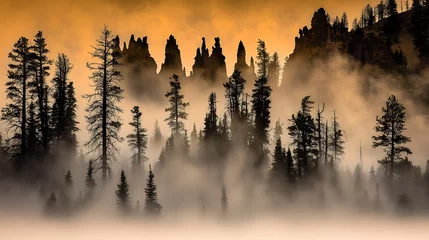 Wandcirkels Mistig bos Misty forest sunrise, rocky peaks, tranquil scene, nature wallpaper  © miftakhul