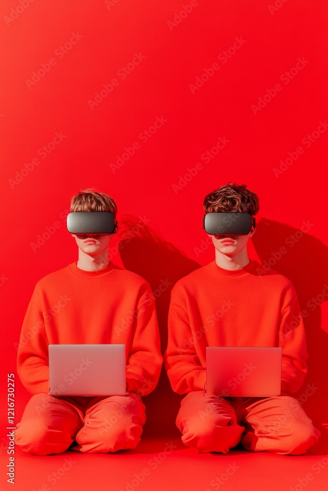Poster Vibrant EdTech Experience Dual VR Headsets with Laptops on Bold Red - Immersive Learning Tools for Innovative STEM Curriculum and Digital Transformation in Education