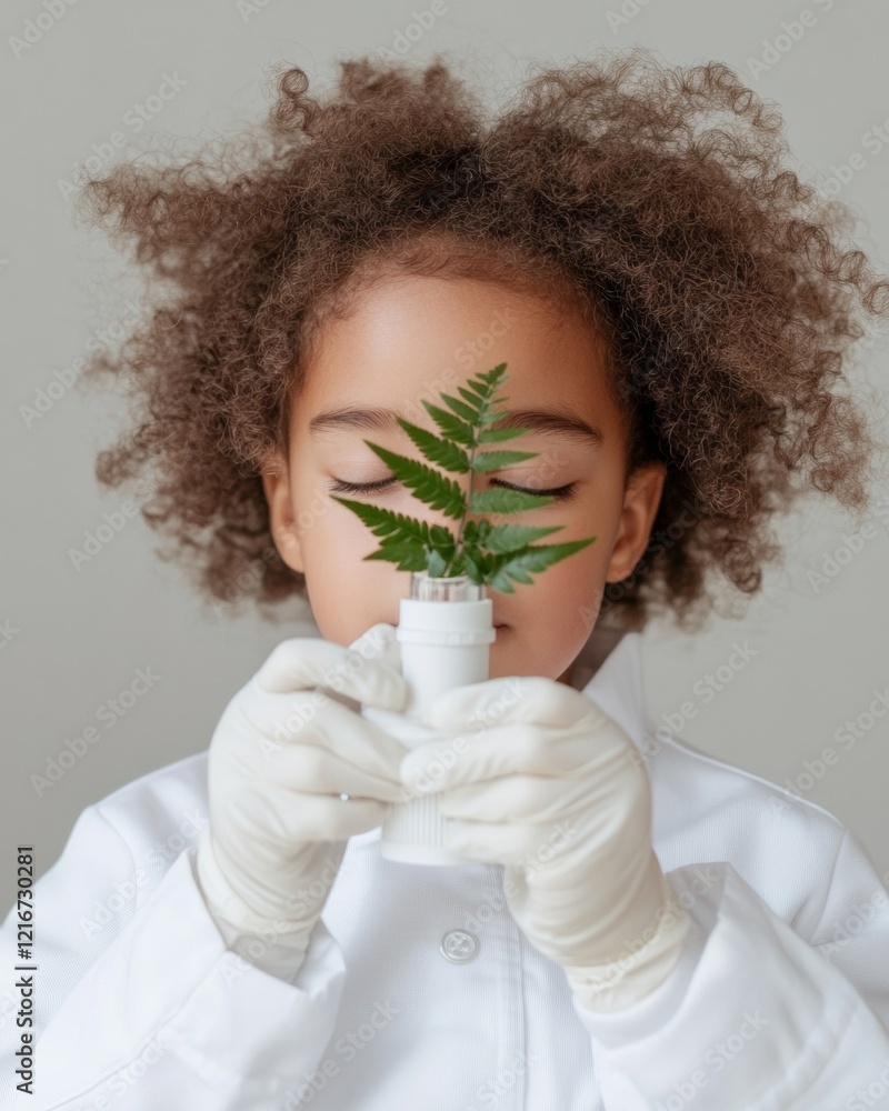 Aufkleber diverse child scientist cozy minimalist stem exploration with microscope and fern - modern education