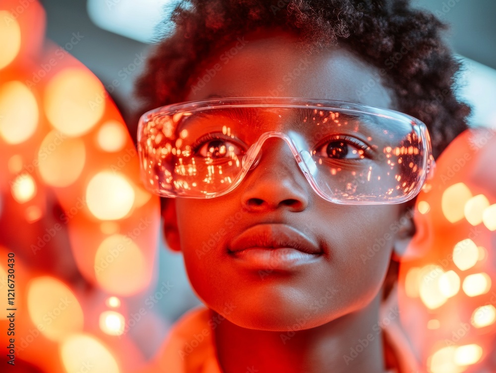 Poster futuristic stem exploration diverse student with protective visor amidst glowing experiment - modern
