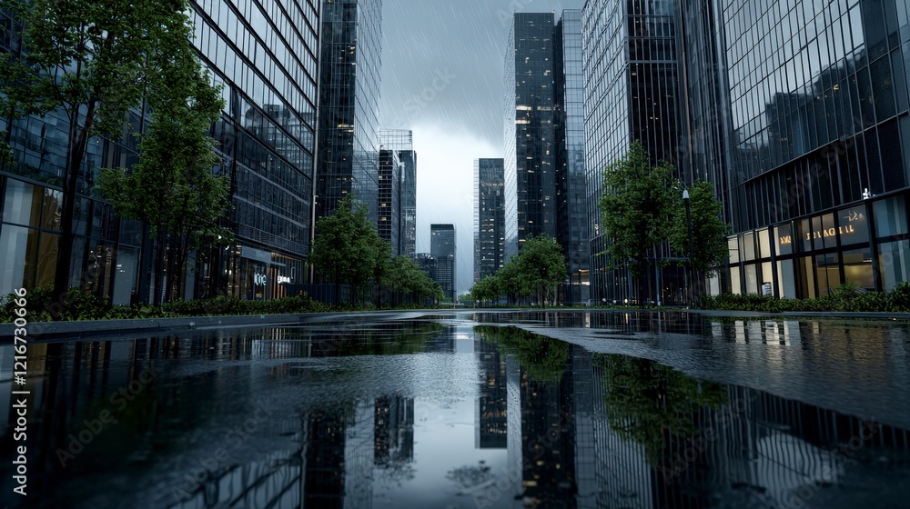 Poster Digital transformation in urban spaces cloud technology insights modern architecture rainy environment ground view