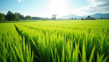 Fototapeta premium Serene Green Rice Paddy: A Vibrant Pastoral Scene