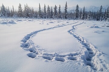 A snow-covered field with pine trees in the background, a trail of animal tracks leading across it. The focus is on one track that curves to one side and then turns away from the other tracks