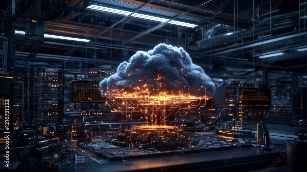 Poster Dynamic cloud computing systems radiating light beams in a futuristic data center environment