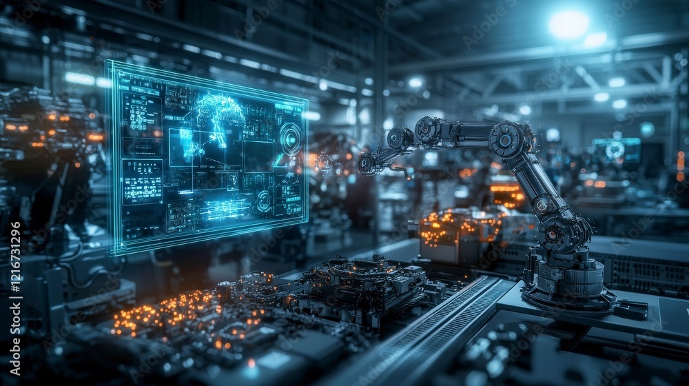 Poster Robotic systems and human operators collaborating in a high-tech industrial environment a close-up view of advanced tech
