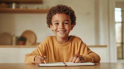 Sunlit Learning Space Young Boy Engaged with Tablet at Kitchen Table - Remote Education Inspiring Creative Homeschooling and Digital Learning Revolution