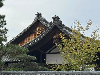 The wooden roof of the Japanese temple and its decorations