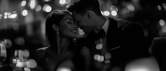 A romantic black and white portrait of an elegantly dressed couple in intimate moment, with woman in evening dress and man in tuxedo against blurred bokeh background. Generative AI