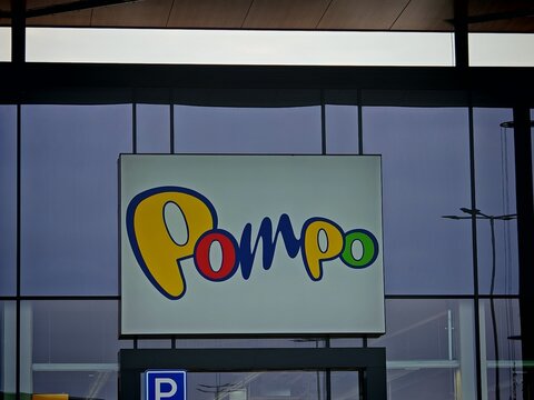 Prague,Czech Republic-January 8 2025: POMPO toy store exterior signage, colorful branding and entrance of retail store with children&rsquo;s toys and games

