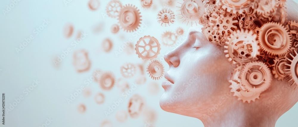 Poster futuristic fusion transparent human head with copper gears - innovative mindset visualization for te
