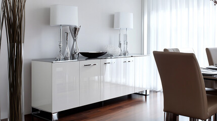 Modern Dining Room with White Buffet Cabinet and Crystal Lamps