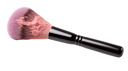 Pink blush powder brush with soft bristles and a black handle, a studio-quality beauty product for professionals, transparent background.