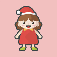cute girl wearing santa costume with outline flat vector design.