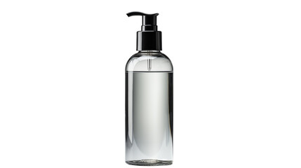 Fototapeta premium Clear glass pump bottle for liquid dispensing, a modern and elegant product packaging design for mockups, transparent background.
