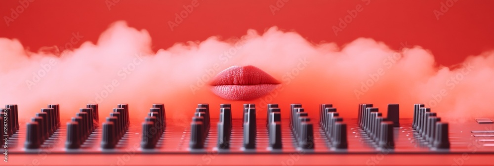 Poster vibrant lip focus audio mixing console in bold red smoke - dynamic event promotion and sound enginee