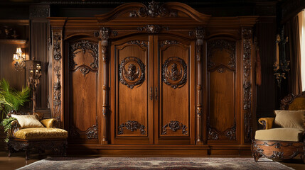 Ornate Wooden Armoire with Intricate Carvings