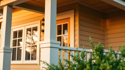 Fototapeta premium Charming House Exterior: Warm Sunlight on a Rustic Porch. Discover the inviting design and classic architecture of this beautiful home. Perfect for real estate and home design inspiration.