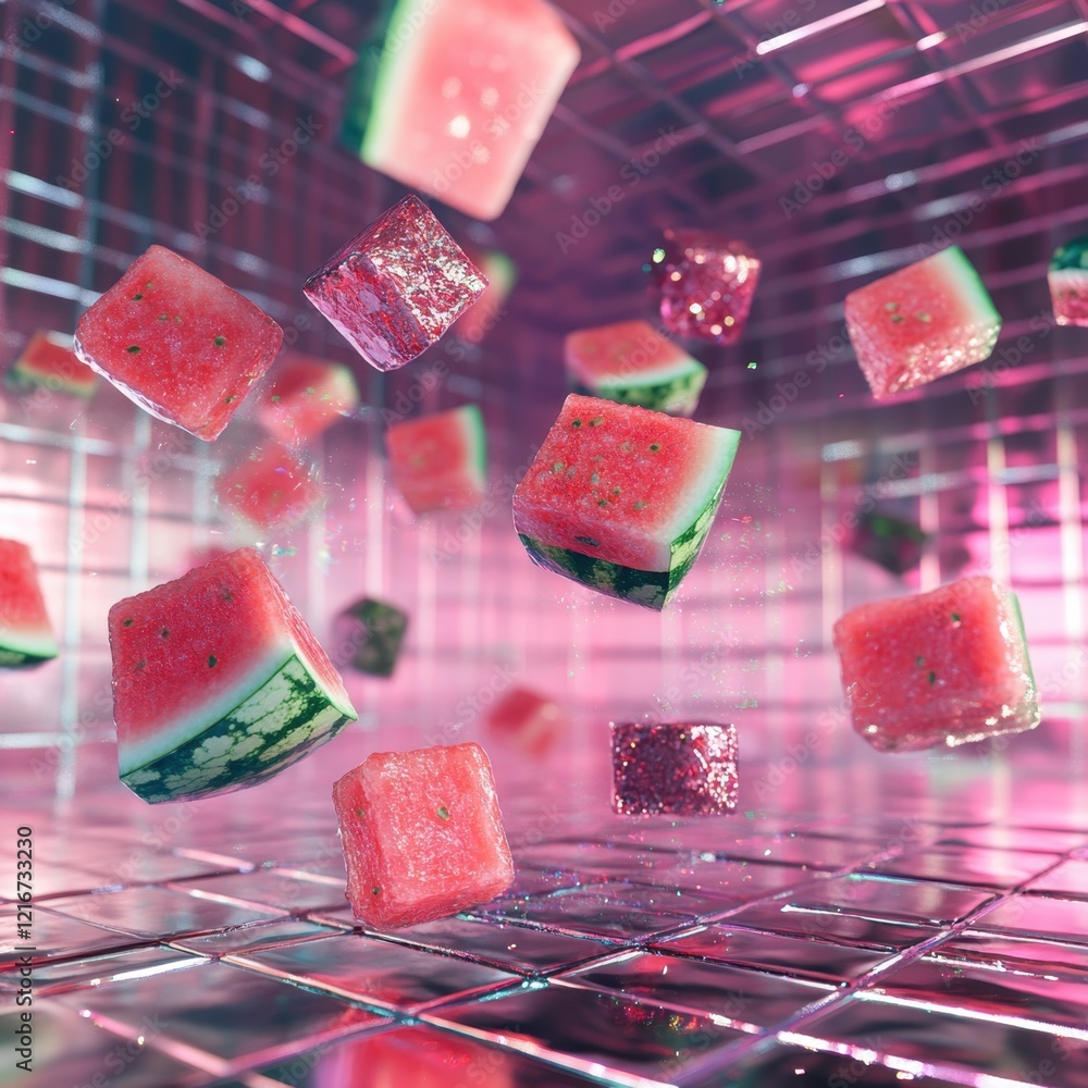 Aufkleber floating watermelon cubes in a vibrant and colorful setting with reflections