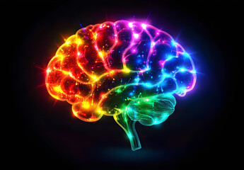 Futuristic Neon Brain With Multicolored Glowing Neural Connections, Showcasing Artificial Intelligence, Neural Networks, Data Flow,